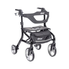 Lightweight black rollator walker with seat, storage pouch, and large wheels for mobility support