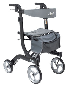 Lightweight rollator walker with four wheels, padded seat, grey frame, and storage bag