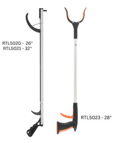 Two reacher grabber tools with ergonomic handles and jaws, labeled RTL5020, RTL5021, RTL5023