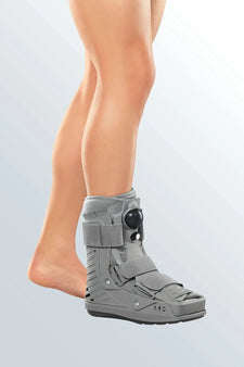 Person wearing medical walking boot for foot or ankle injury support