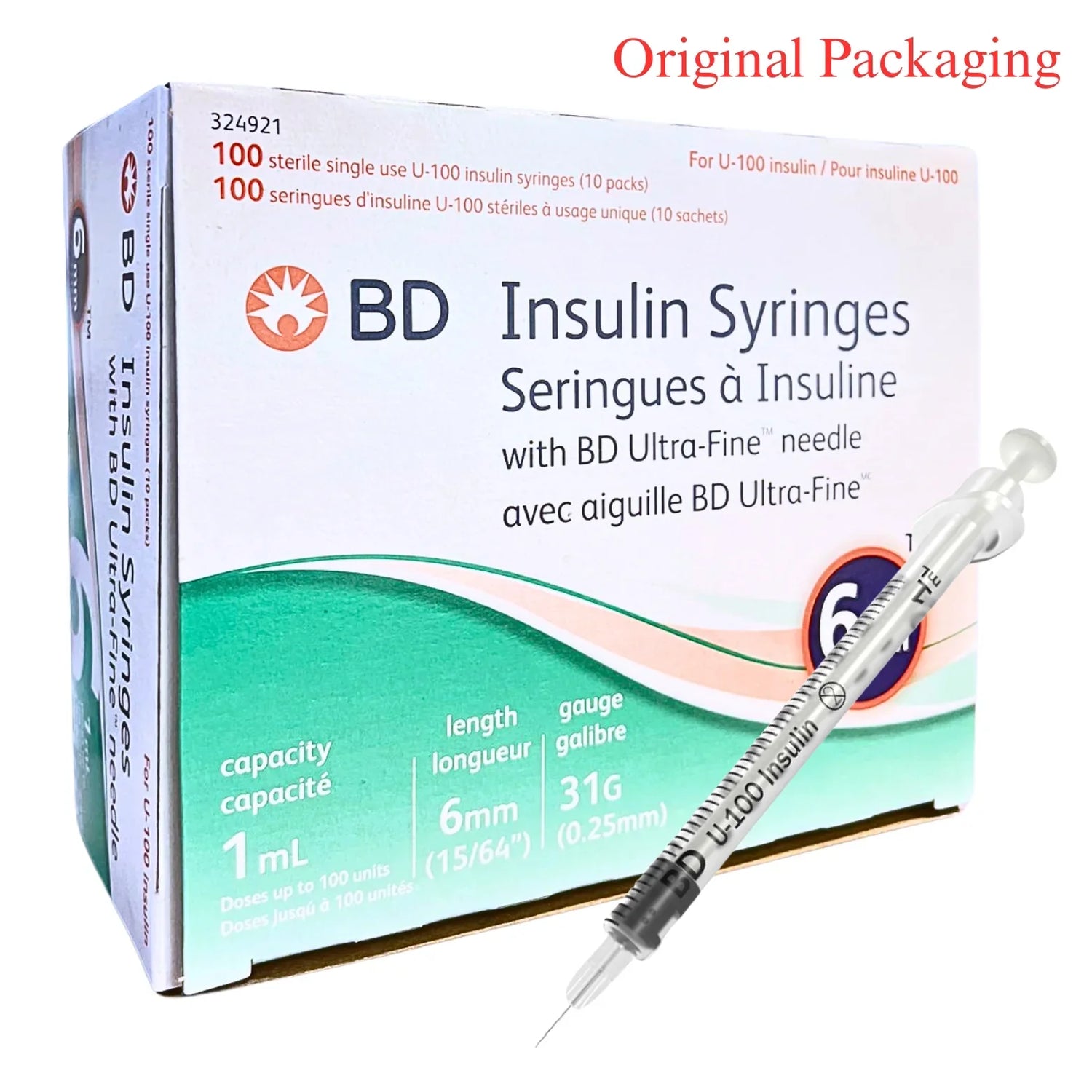 BD insulin syringes 1mL 31G 6mm with ultra-fine needle, box and single syringe shown