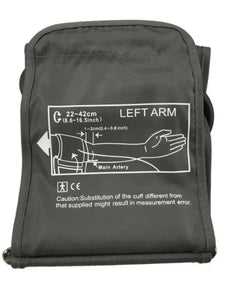 Replacement blood pressure monitor cuff for left arm, size 22-42 cm, with usage diagram.