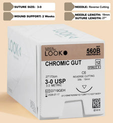 Chromic gut surgical suture box, 3-0 USP, 27 inch, reverse cutting needle, absorbable