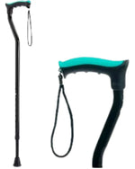 Adjustable walking cane with teal ergonomic handle and wrist strap for mobility support