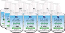 Multiple bottles of Live Clean hand sanitizer gel with pump tops, containing plant-based alcohol and aloe.