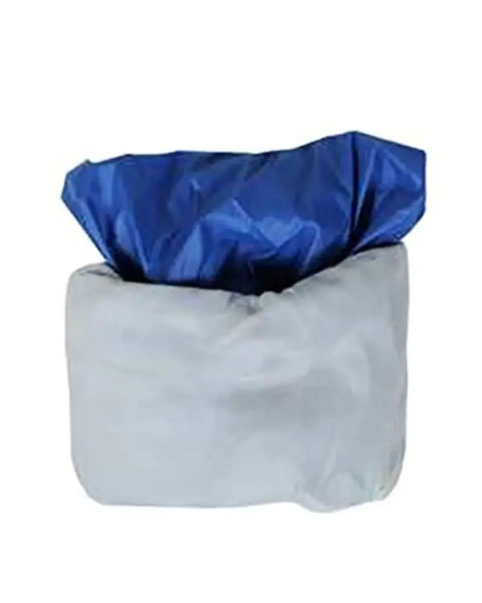 Blue disposable commode liner in white container for home care and medical use