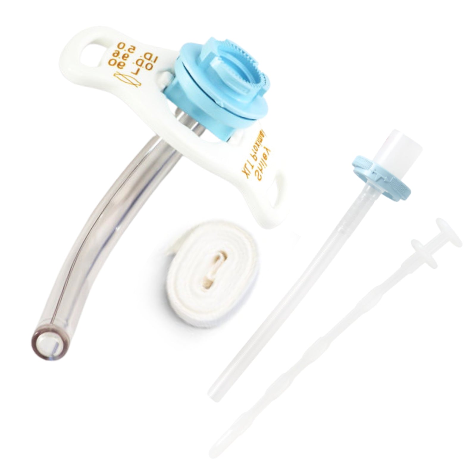 Sterile tracheostomy tube kit with inner cannula, neck strap, and obturator for respiratory care
