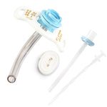 Medical tracheostomy tube kit with curved tube, neck strap, and inner cannula on white background