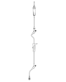 IV administration set medical tubing with drip chamber and connectors on white background