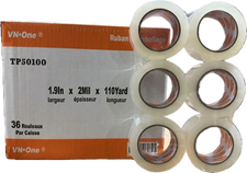 Six rolls of clear packing tape beside a box labeled 1.9in x 2mil x 110yard, 36 rolls per case