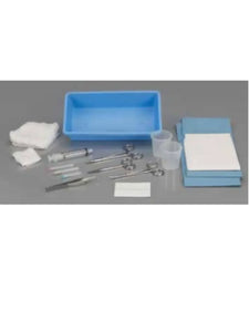 Sterile medical procedure kit with tray, gauze, syringes, forceps, cups, and drapes