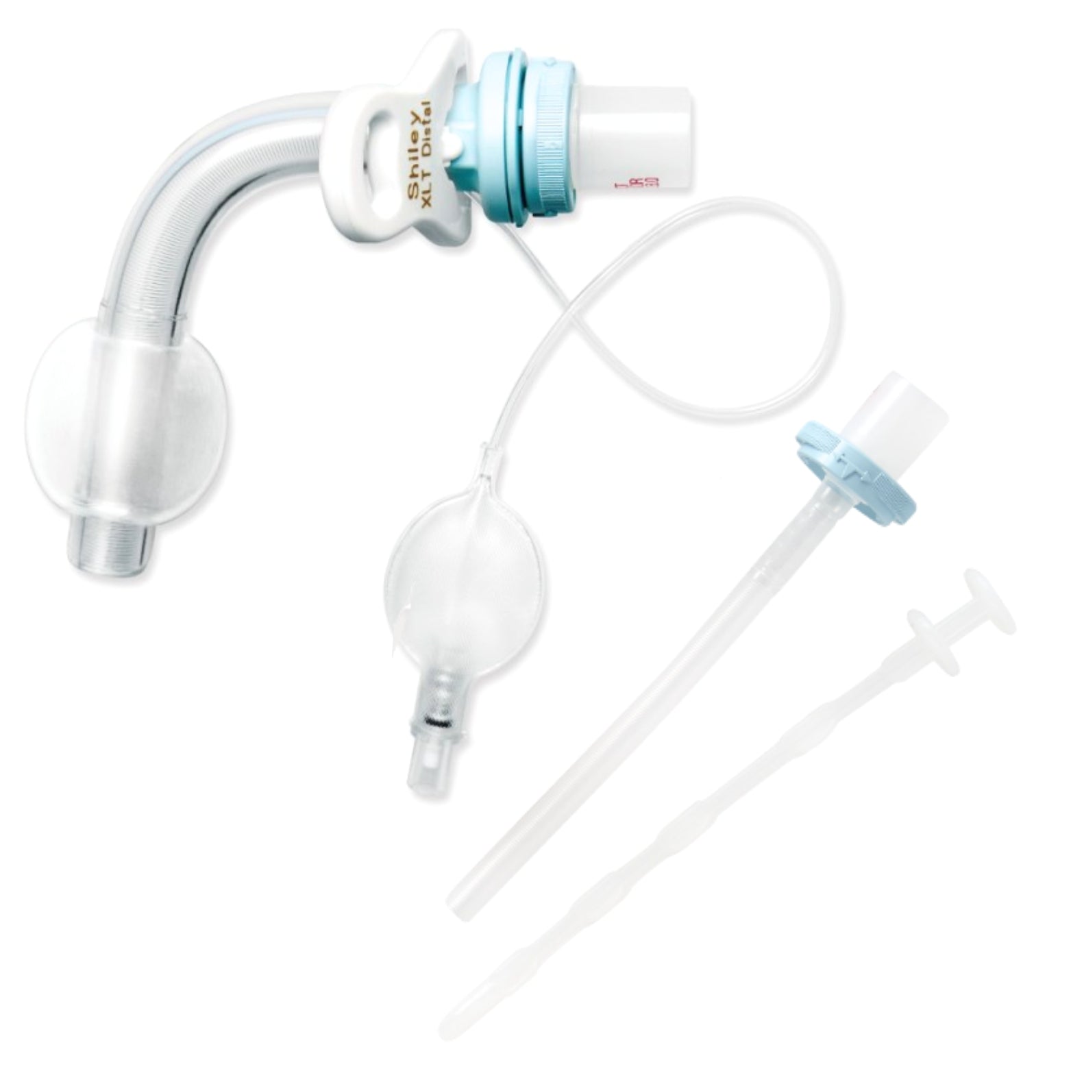 Tracheostomy tube kit with curved tube, cuffed balloon, obturator, and inner cannula on white background