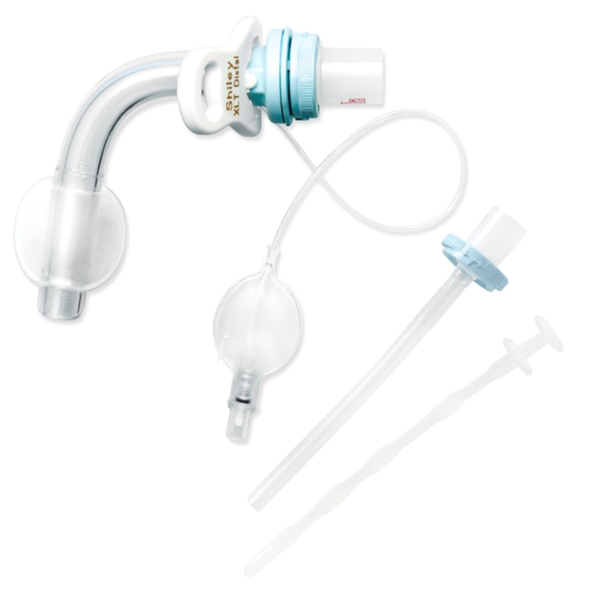 Tracheostomy tube with cuff, obturator, and suction tube on white background