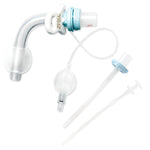 Tracheostomy tube with cuff, obturator, and suction tube on white background