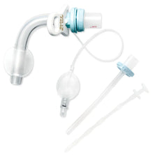 Tracheostomy tube with cuff, curved airway device, and included medical accessories on white background