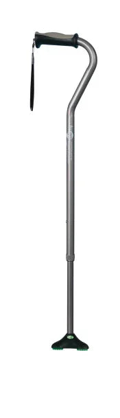 Adjustable ergonomic walking cane with contoured handle and wide stable base