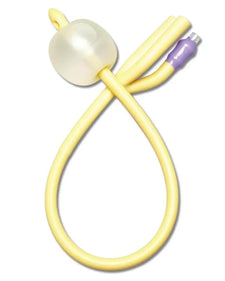 Latex Foley urinary catheter with balloon and purple valve on white background