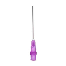 Purple luer lock hypodermic needle for medical injections on white background