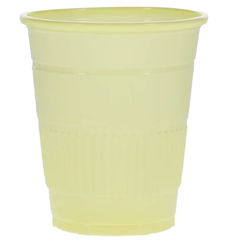 Disposable yellow plastic cup for medical or home care supplies