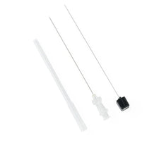 Sterile epidural needle set with safety cap and introducer on white background