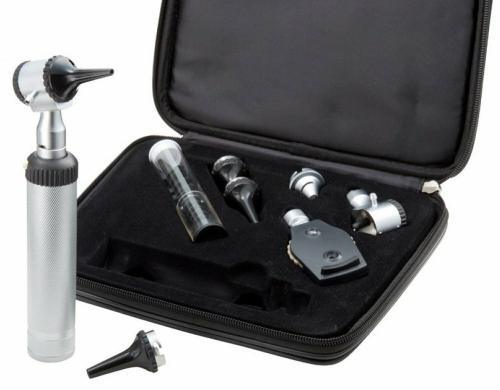 Otoscope diagnostic kit with multiple attachments in a black carrying case for medical use