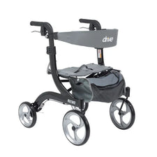 Lightweight mobility rollator walker with four wheels, seat, and storage pouch