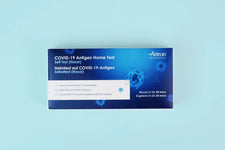 Artron COVID-19 antigen home self test kit box, nasal, blue background, rapid results