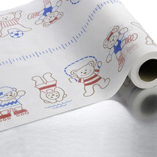 Pediatric exam table paper roll with colorful bear illustrations for medical clinics
