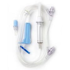 IV administration set with tubing, drip chamber, injection ports, and roller clamp