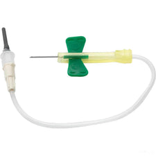 Butterfly infusion set with green wings and needle for medical IV access
