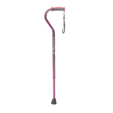 Purple adjustable walking cane with ergonomic grip and wrist strap on white background