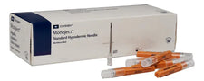 Monoject standard hypodermic needles with orange caps and box, sterile medical supplies