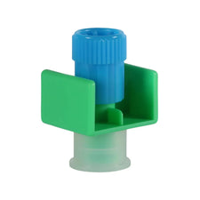 IV bag spike adapter with blue cap and green wings, medical supply on white background