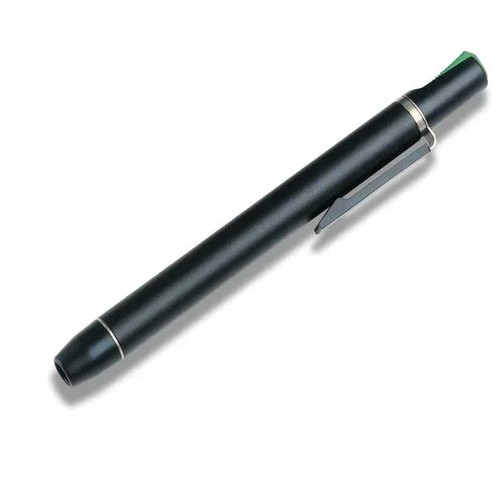 Black medical penlight with pocket clip for clinical examination