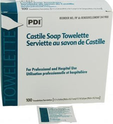 PDI Castile soap towelette box for hospital and professional medical use, 100 count.
