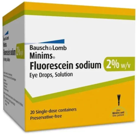 Bausch & Lomb Minims Fluorescein sodium 2% eye drops box, 20 single-dose containers