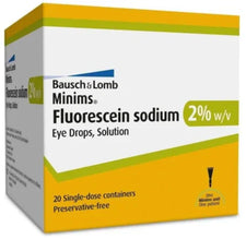 Bausch & Lomb Minims Fluorescein sodium 2% eye drops box, 20 single-dose containers