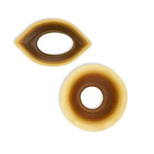 Two medical ostomy barrier rings, one oval and one round, on white background