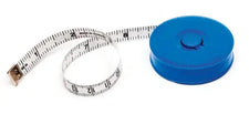 Blue retractable measuring tape with white, marked tape extended on white background
