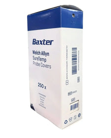 Box of Baxter Welch Allyn SureTemp probe covers for thermometers, 250 count, white and blue packaging