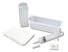Irrigation kit with plastic syringe, container, tip, wipes, and absorbent pads for medical use