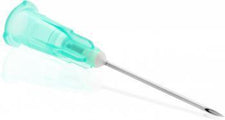 Sterile hypodermic needle with green plastic hub for medical and home care use