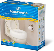 AquaSense raised toilet seat packaging for home care, showing a white elevated toilet seat.