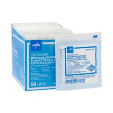 Sterile woven gauze sponges in blue box, medical wound care supplies, packaged individually