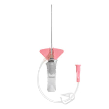 IV catheter with safety needle, pink winged design, medical infusion device
