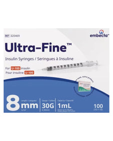 Ultra-Fine insulin syringes 8mm 30G 1mL box, 100 count, for U-100 insulin