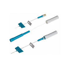 Butterfly winged infusion sets with blue handles, needle covers, and flexible tubing for IV access