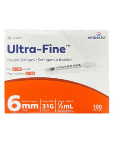 Ultra-Fine insulin syringes 6mm 31G 0.5mL box, 100 count, for U-100 insulin