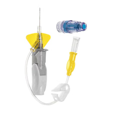 IV safety catheter set with needle, yellow and gray components, and needleless connector
