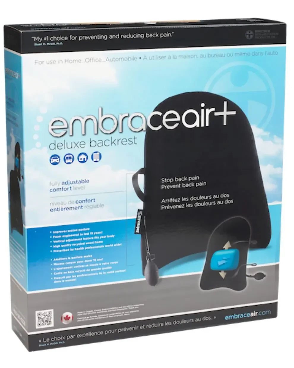 EmbraceAir Plus deluxe adjustable backrest support in retail packaging for home, office, and car use